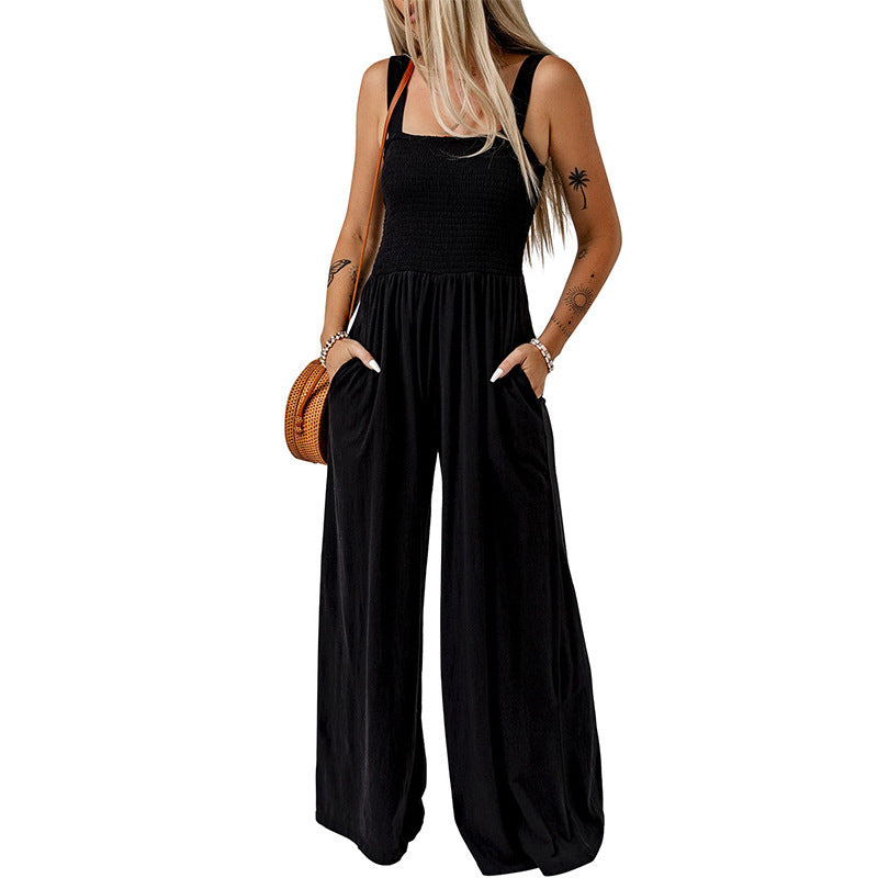 High Waist Jumpsuit Women's Backless Pleated Design Wide Leg Trousers
