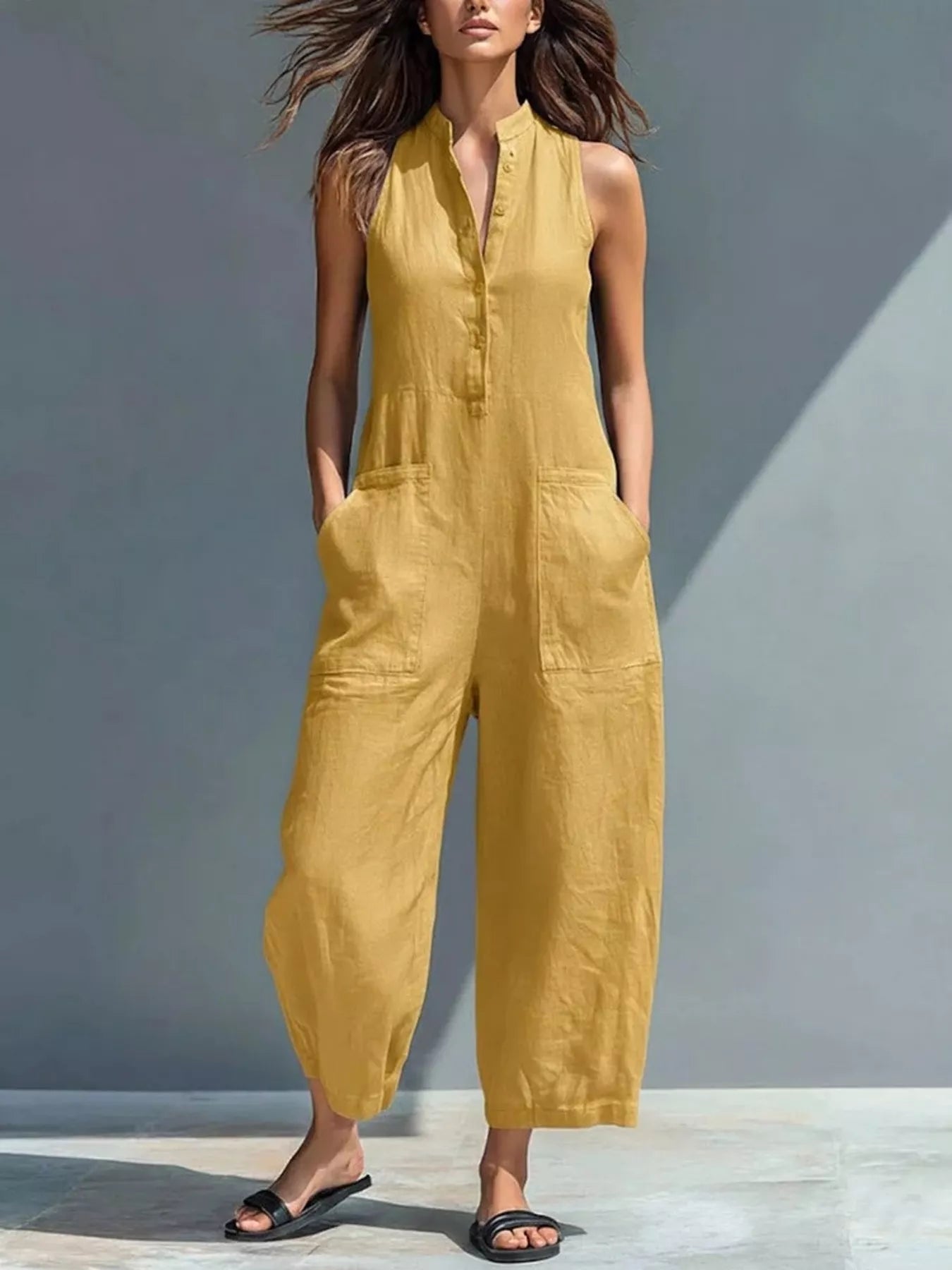 Shop Full Size Button Front Sleeveless Jumpsuit Plus Size - Women's Fashion | Akatonbo
