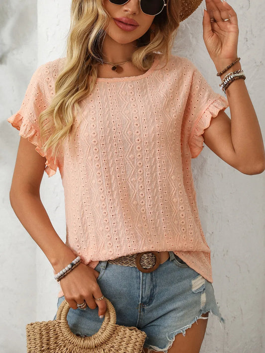 Shop Mandy Eyelet Round Neck Short Sleeve Top - Women's Fashion | Akatonbo