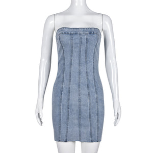 Fashion Backless Tube Denim Dress Summer Sexy Slim Short Dress