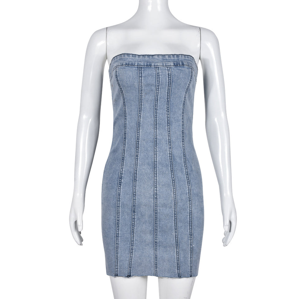 Fashion Backless Tube Denim Dress Summer Sexy Slim Short Dress