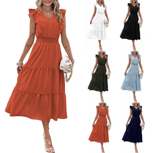 Akatonbo New Ruffled Sleeveless V-Neck Dress Summer Fashion Elastic Waist A-Line Dresses For Womens Clothing