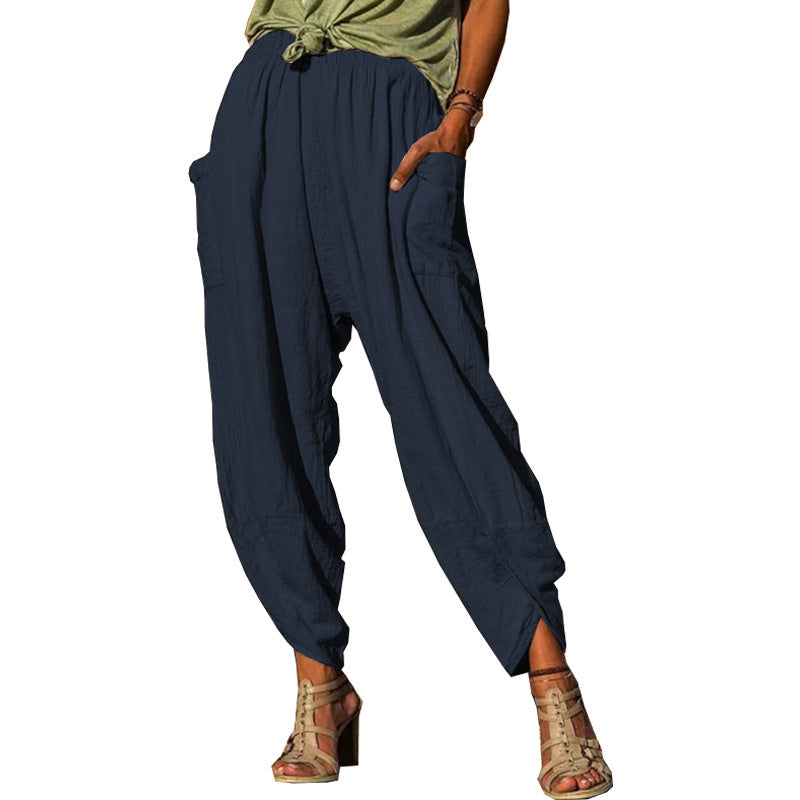 Women's Casual Bloomers Loose Cotton And Linen Trousers