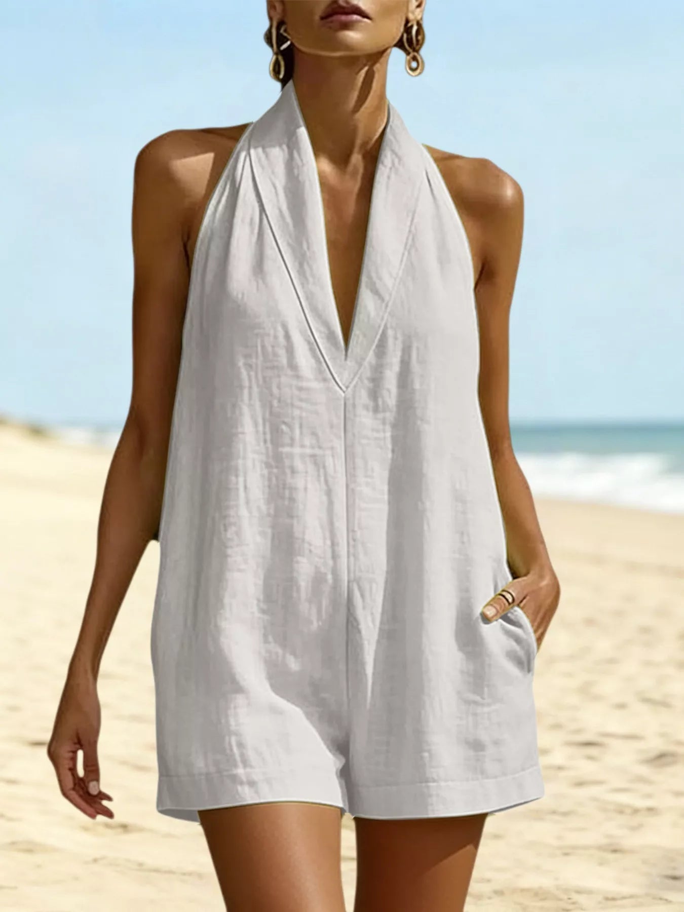 Shop Halter Neck Romper with Pockets - Women's Fashion | Akatonbo