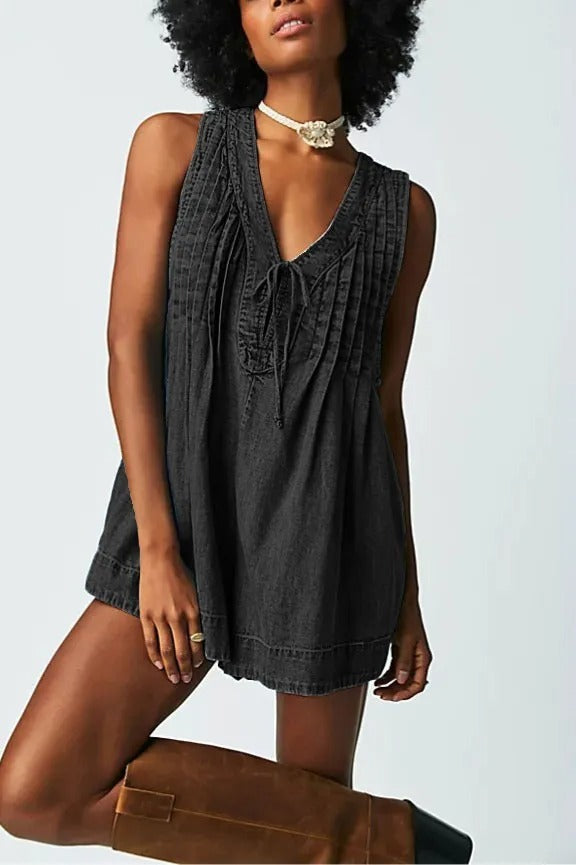 V-neck Sleeveless Denim Shorts Jumpsuit With Pockets