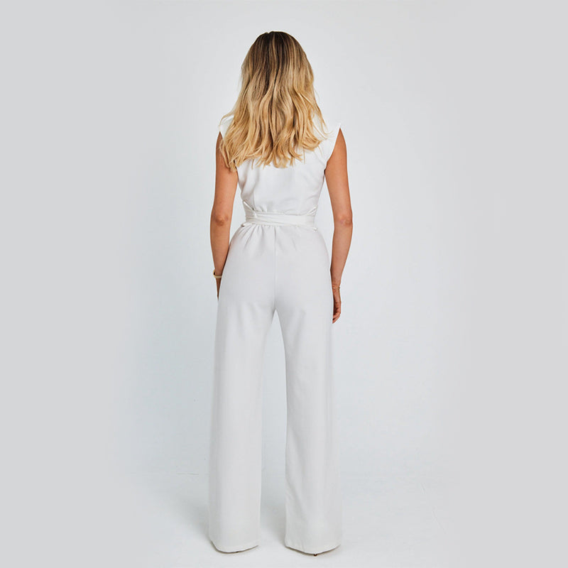 Elegant Sleeveless Jumpsuit Summer V-neck Casual Wide Leg Long Overalls
