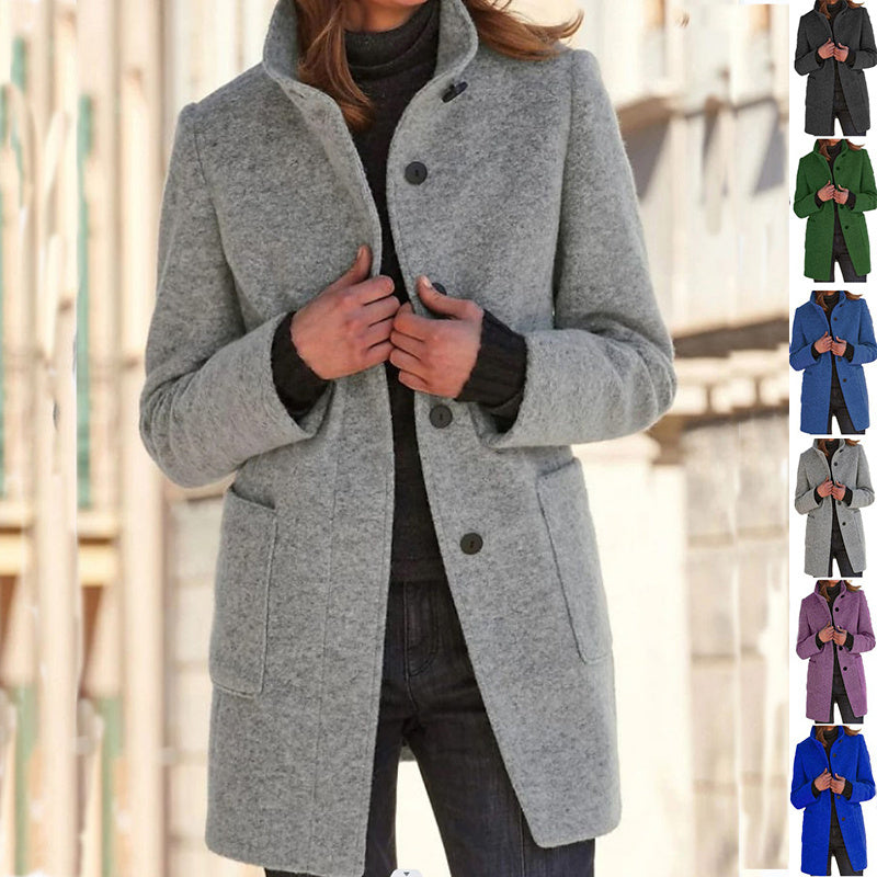 Abrigo de lana con cuello alto y bolsillos, estilo informal de otoño-invierno con botones, para mujer