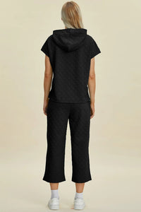 Double Take Full Size Texture Drawstring Short Sleeve Hoodie And Pocketed Pants Set