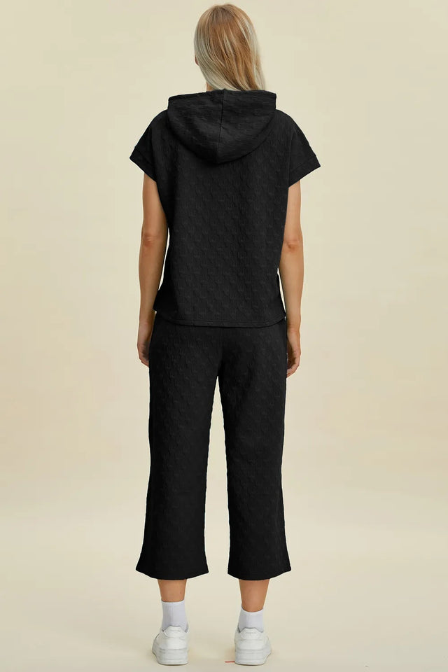 Double Take Full Size Texture Drawstring Short Sleeve Hoodie And Pocketed Pants Set