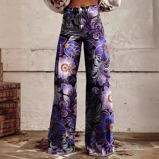 Akatonbo Fashion Women'S Printed High Waist Loose Thin Imitation Denim Wide Leg Pants