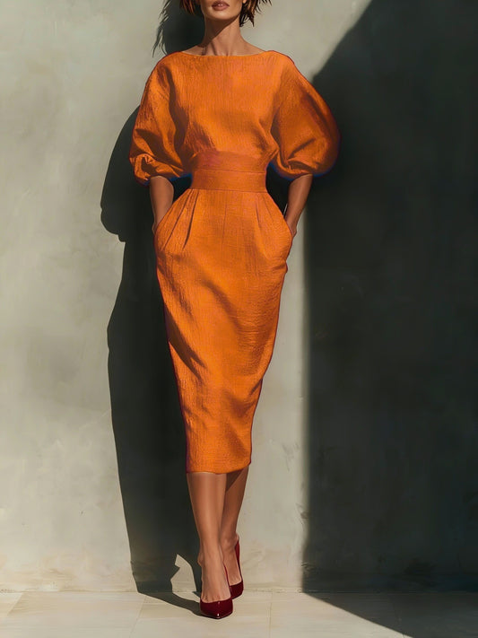 Shop Round Neck Puff Sleeves Midi Dress - Women's Fashion | Akatonbo