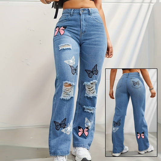 Akatonbo High Waisted Straight Leg Jeans For Women Trendy Butterfly Print Ripped Distressed Denim Pants
