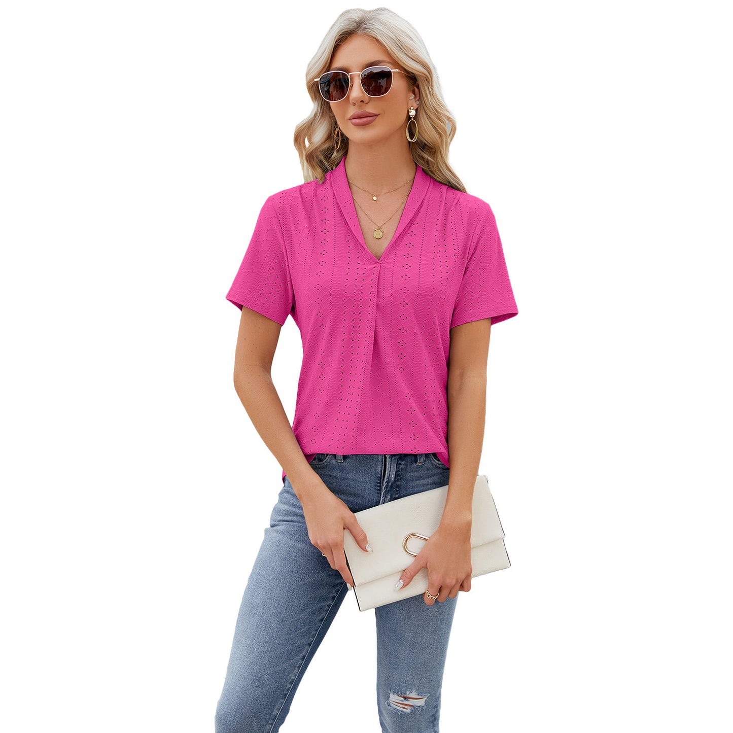 T-shirt col en V ajouré, haut ample d'été à manches courtes pour femme