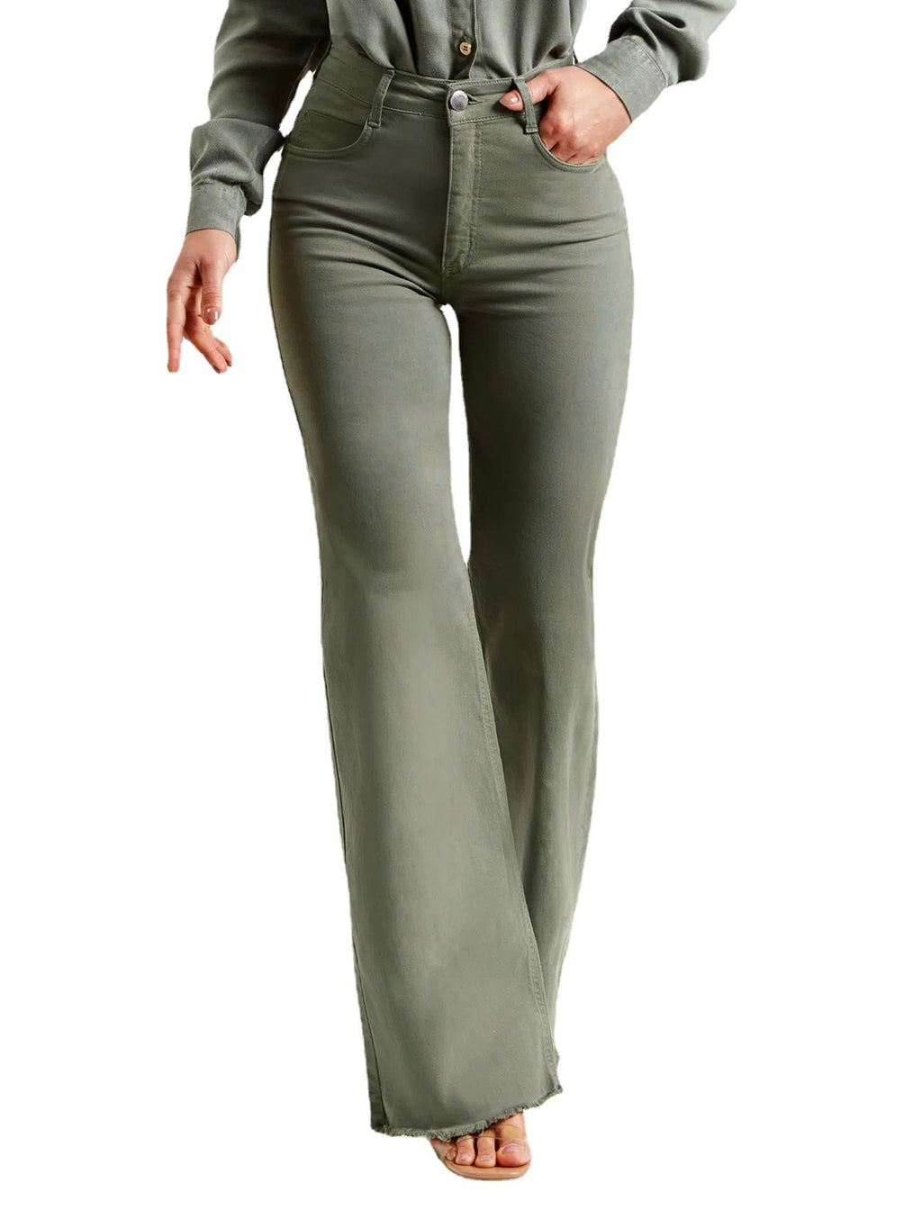 Shape Fitting Stretch Fashion Solid Color Frayed Flared Pants
