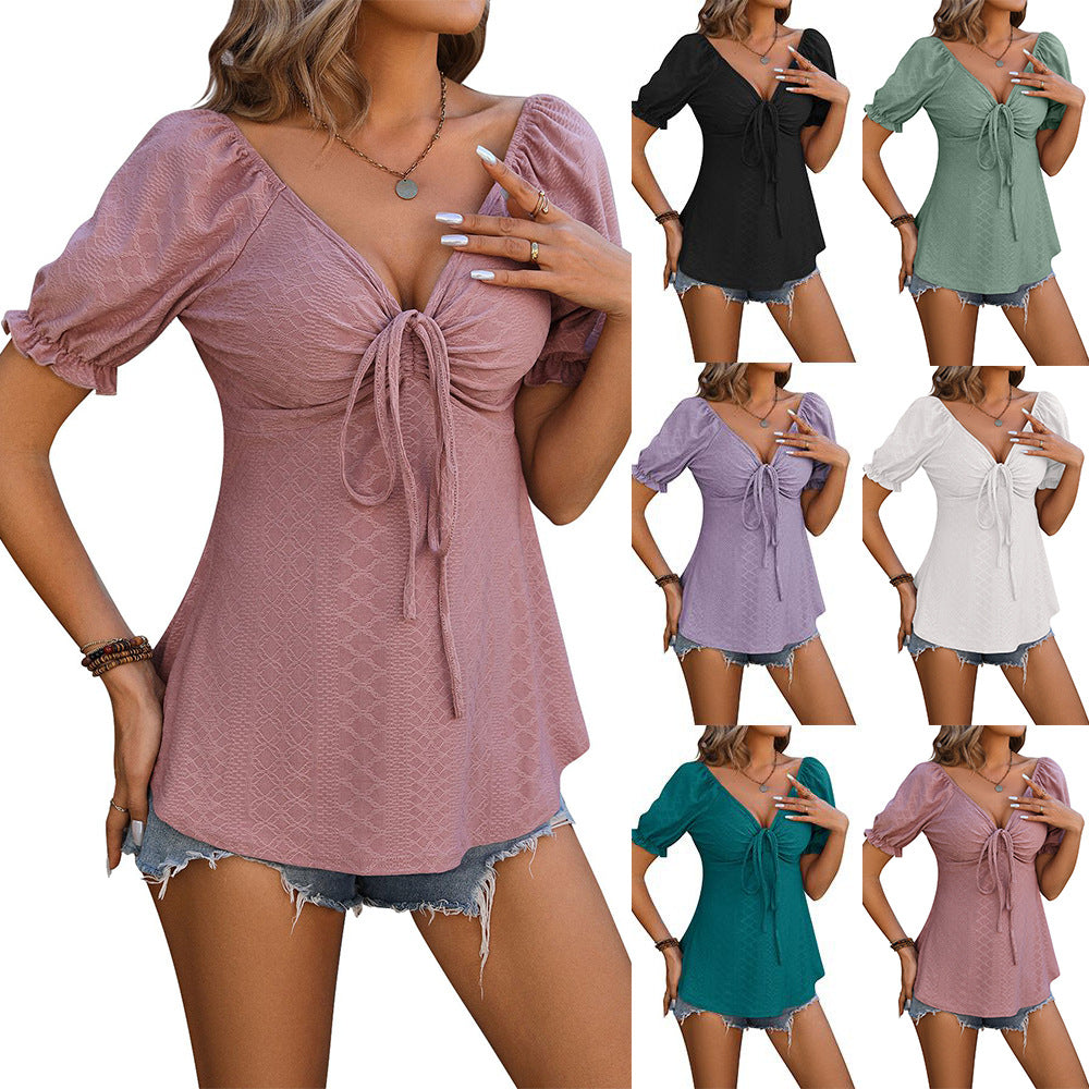 Haut à manches courtes col en V avec cordon de serrage T-shirt d'été de couleur unie Vêtements pour femmes